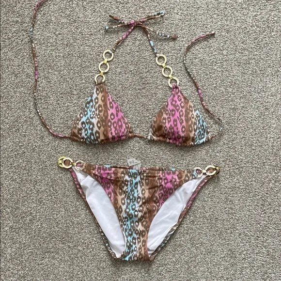Victoria's Secret Pink and Blue Leopard Bikini- Top is Medium, Bottoms are Large - Picture 1 of 6